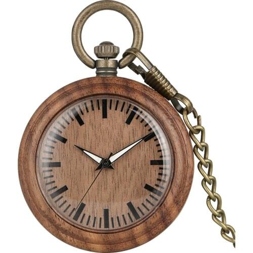Classic Walnut Wooden Case Pocket Watch Brown/Green Concise Big Dial With Luminous Pointers Bronze Pendant Chain Men Women Gifts