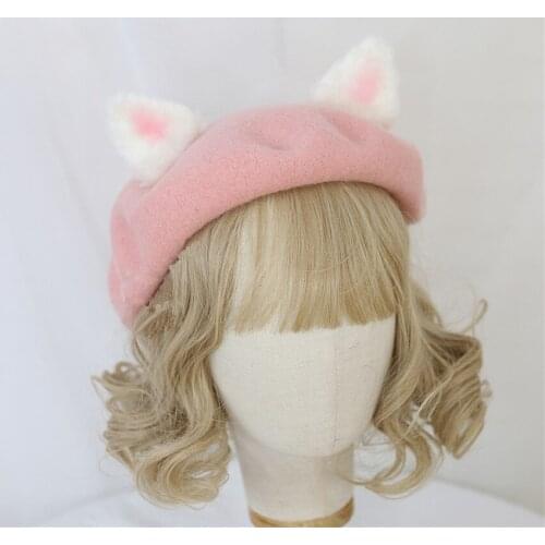 Handmade Kawaii Beret Hat Lolita Cat Ear Sweet Woolen Warm Autumn Winter Painter Hat Headdress B1638