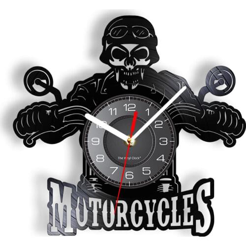 Skull in Helmet Racer Motorcycles Wall Clock Racer Skull Biker Vinyl Record Wall Clock Halloween Home Decor Skull Rider Clock