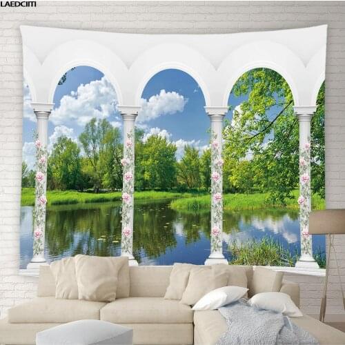 Natural Window Landscape Tapestry Lake Pastoral Green Plant Forest Waterfall Scenery Wall Hanging Living Room Bedroom Home Decor