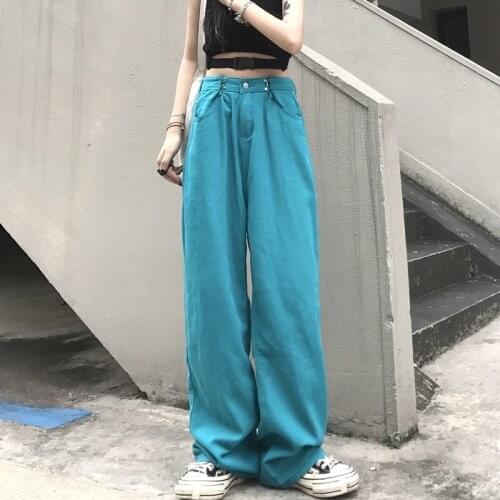 2021 New Summer Ttrend Womens Retro Washed Jeans Ins Fall Feeling Casual Loose Wide-Leg Pants Buckle Waist Men Trousers