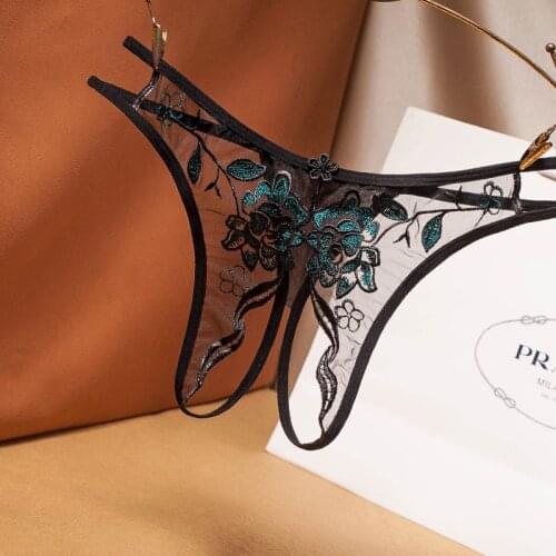 New Lace Womens briefs sexy French embroidery sexy mesh hollow out free off thong low waist transparent t pants G-String