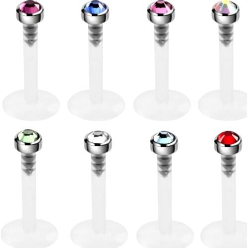 16G 1Pc Labret Lip Stud Piercing Titanium Crystal Head + PTFE UV Soft Rod for Ear Cartilage Tragus Piercing Unisex Body Jewelry