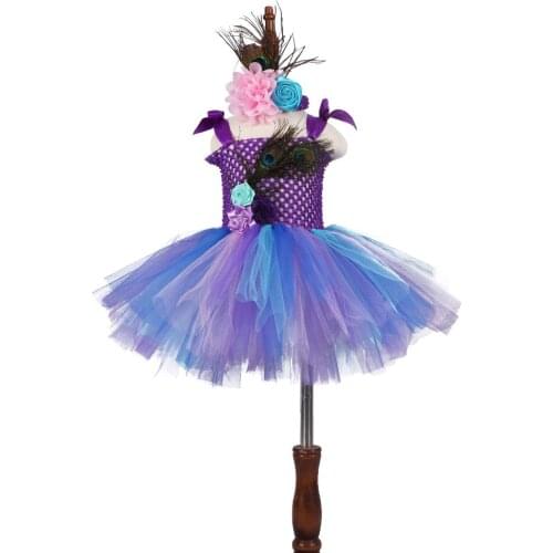 Girls Flower Peacock Tutu Dress Fluffy Baby Purple Dress with Matching Headband Toddler Halloween Birthday Costume Photo Props