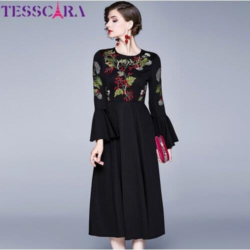 TESSCARA Autumn & Winter Luxury Embroidery Dress High Quality Female Floral Designer Party Robe Vintage Flare Sleeve Vestidos