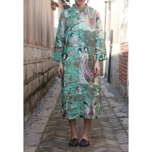 Chinese Vintage Beauty Character Print Stand Collar Slant Beads Button Ramie Linen Dress, Summer Thin Cool Retro Pattern Dresses