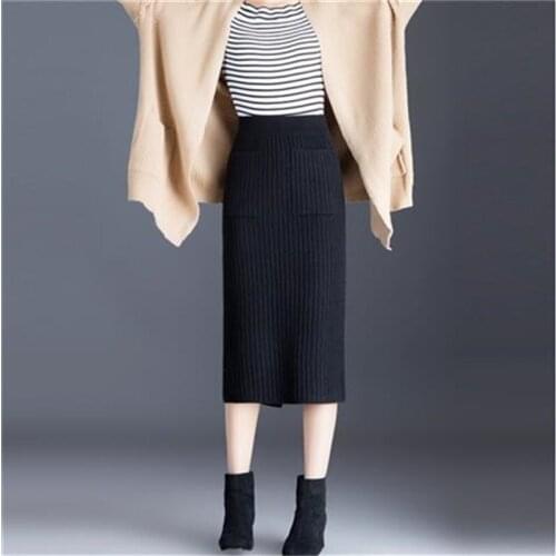 Autumn Winter Women Midi-Calf Knitting Elastic Waist Black Skirts Ladies Streetwear High Waist Split Skirt With Pockets DS282