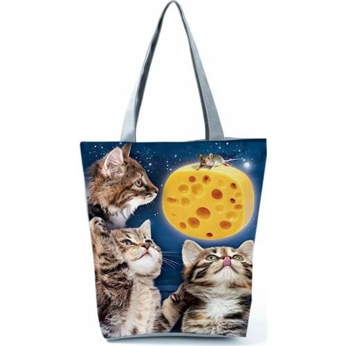 Cat And Mouse Printed Handbag Blue Women Large Capacity Reusable Shopping Bag Animal Travel Beach Shoulder Bag Custom Pattern