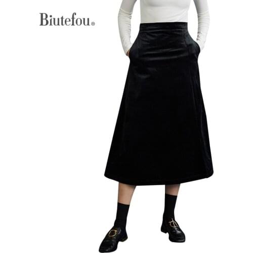 2021 Autumn Women Vintage A Line High Waist Velvet Skirt