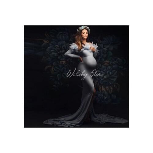 2021 Elegant Sky Blue Spandex Flexible Side High Slit Long Prom Gowns Mermaid Maternity Women Dresses Off Shoulder With Feathers