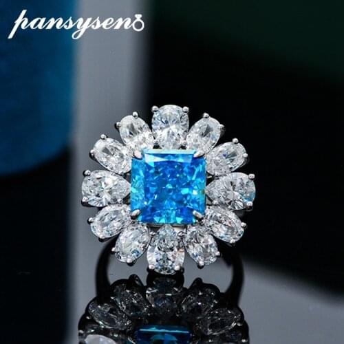 PANSYSEN Real 925 Sterling Silver Sparkling 10MM Aquamarine Created Moissanite Ring Luxury Anniversary Fine Jewelry for Women