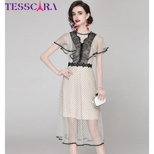 TESSCARA Women Summer Elegant Mesh Dress Festa High Quality Cocktail Party Robe Femme Runway Vintage Lace Designer Dot Vestidos