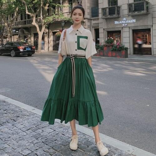 2021 New Summer Shirt Patchwork Dresses Women Short Sleeve High Waist Pleated Midi Dress With Belt Female Fashion Clothes