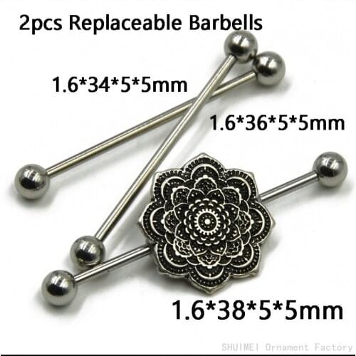 2016 NEW Arrival Pair 316l Surgical Steel With Zinc Alloy Industrial Barbell Earrings Piercing Set Mandala Ear Cartilage Jewelry
