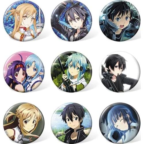 9pcs/set ) Anime Sword Art Online Cartoon Brooch Kirigaya Kazuto and Yuuki Asuna Fashion Badge for Backpack Accessories