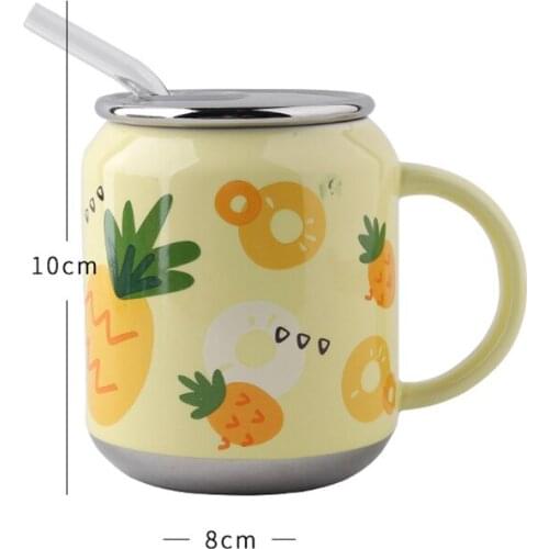 Fruit Printing Cup Childrens Office Strawberry Mug with Spoon Ceramic Water Cup Lovely Fruit Summer Straw Coffee Cup