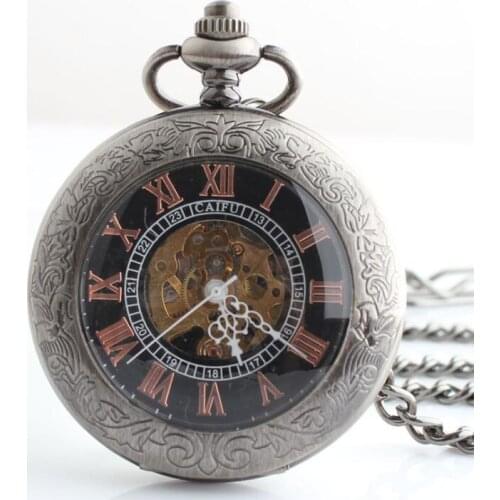 10pcs/lot Vintage Carved Flower Magnifying Glass Skeleton Mechanical Pocket Watch Roman Dial Men Gift Pocket Watches