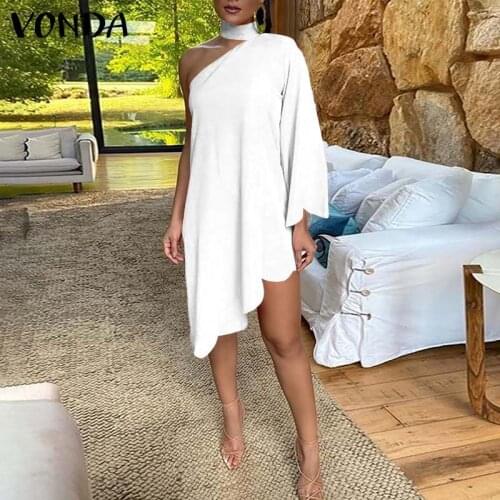 Elegant Office Dress VONDA 2021 Women Party Dress Casual Solid Stylish Mini Dresses Beach Sundress Femme Robe