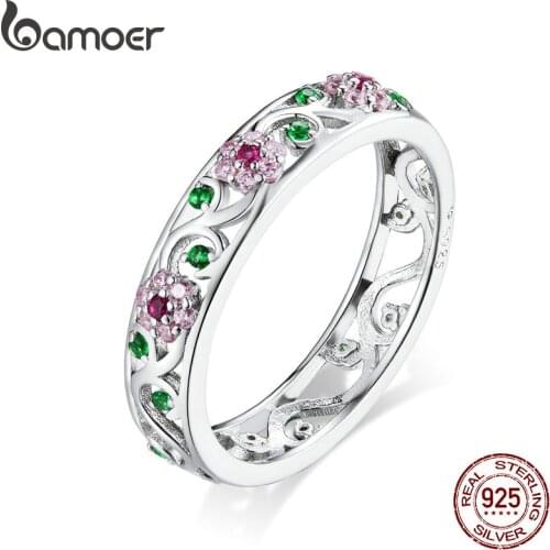 Bamoer Genuine 925 Sterling Silver Secret Garden Finger Rings for Women Wedding Band Engagement Statement Jewelry Anel BSR132