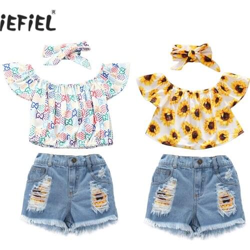 Summer Toddler Kids Baby Girls Clothes Set Off Shoulder Print Top + Ripped Denim Shorts + Headband 3Pcs Outfit Girls Summer Suit