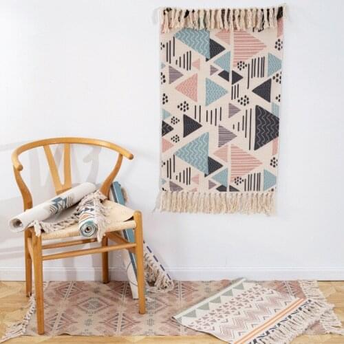 Folk style Retro Bohemian Carpet Hand Woven Cotton Linen Carpet Rug Bedside Rug Geometric Floor Mat Living Room Bedroom Carpet