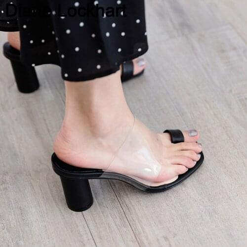 Red PVC Transparent Shoes Mule Heels Sandals Slippers Women Thick High Heels Flip Flops Square Toe Slides Party Dress Shoes