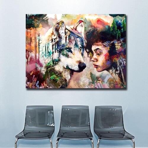 Fashion Abstract Canvas Art Wall Pictures Canvas Girl with Wolf Oil Painting for Living Room Home Decor Oil Painting on Canvas