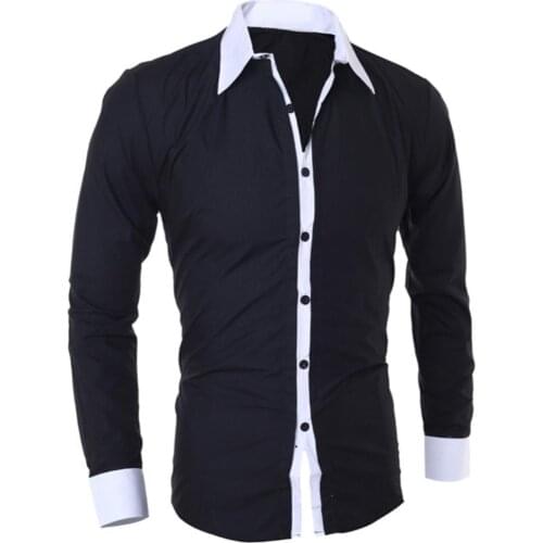 Business Men Turn Down Collar Long Sleeve Color Block Cotton Prom Slim Shirt