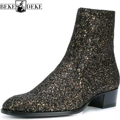 2020 New Plus Size Genuine Leather Bling Men Vintage Chelsea Boots Low Heel Side Zipper Pointed Toe Ankle Boots Dress Shoes Men