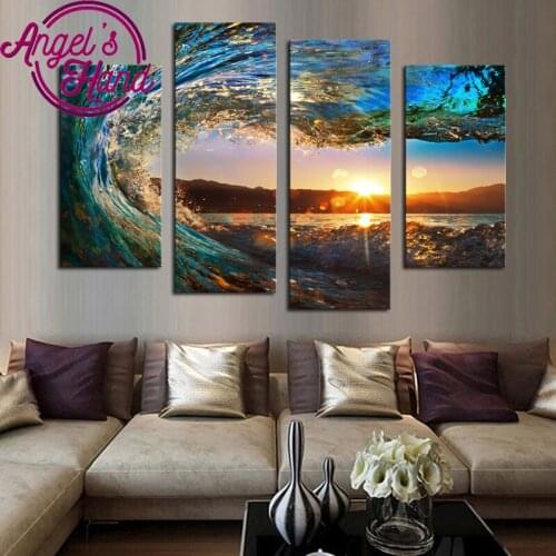 4 Pane Waves and sunsets Diamond Painting Cross Stitch 5D Diy Diamond Embroidery , diamond Mosaic Full Resin Kits Home Decor