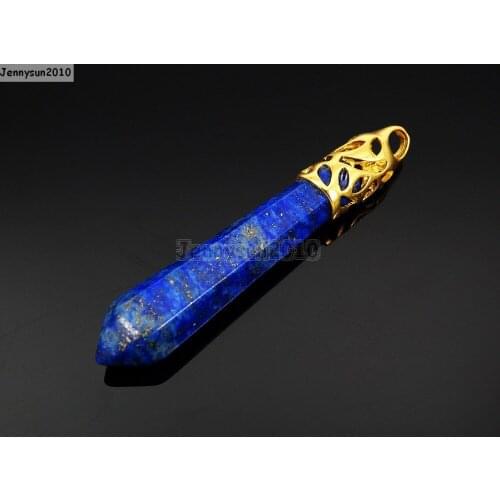 Natural Lapis Lazuli Gems Stones Long Hexagonal Pointed Reiki Chakra Gold Pendant Beads Necklace Jewelry 10Pcs/Pack