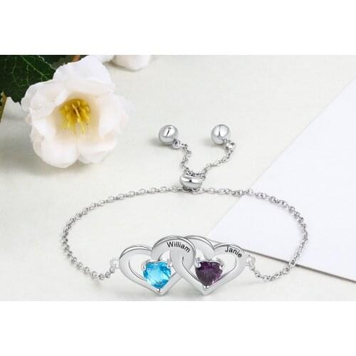 Personalized Double Heart Engraved Name Bracelet with Birthstone Women Custom Adjustable Chain Bracelets Bangles for Women Gift