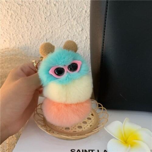 Real Rabbit Fur Caterpillar Pendant Plush Car Keychain Cute Bag Ornaments Key Chains For Women Couple Dolls Handmade D896
