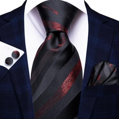 Hi-Tie Burgundy Black Gold Striped Paisley Silk Wedding Nicktie For Men Hanky Cufflink Gift Tie Set Business Party Dropshipping