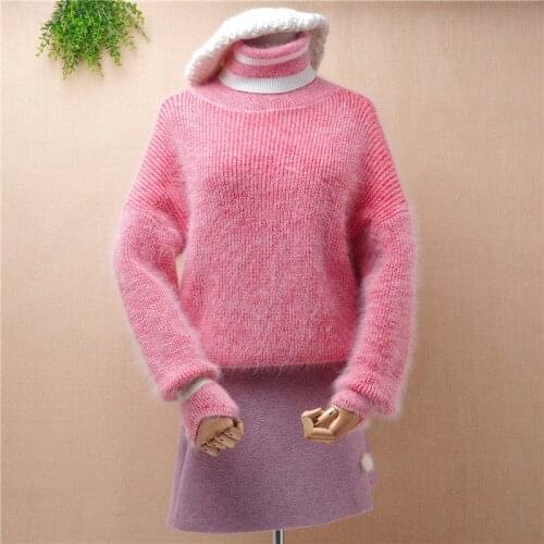 Ladies women fashion sweet pink turtleneck hairy angora rabbit fur loose pullover winter warm mink cashmere jumper sweater pull