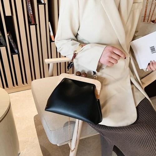 Handbag Chain Crossbody Bags Leather Clutch Female Purse Beaded Evening Bag Wooden Clip Womens Shoulder Bag