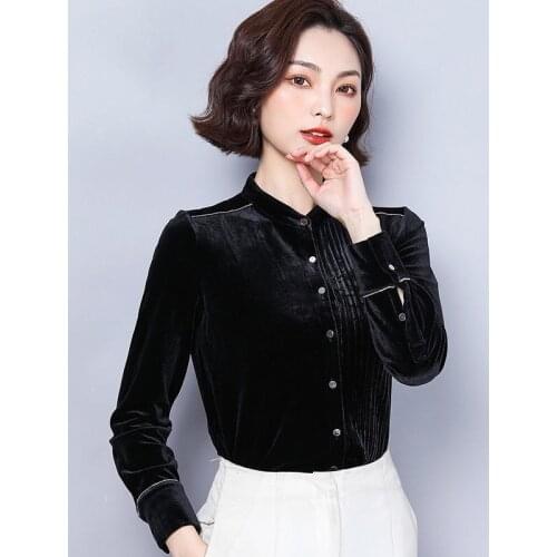 Spring Autumn Office Ladies Women Black Logn Sleeve Velour Tops and Blouses , Woman Clothing , Velvet Cardigan Blouse Shirt