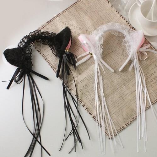 Women Ruffles Lace Headband Plush Cat Ears Ribbon Bell Lolita Cosplay Hair Hoop