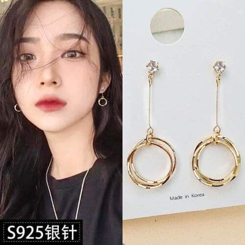 S925 Silver Needle Net Red Simple Temperament Personality Jewelry Advanced Sense Wild Circle Long Earrings Women Accessories