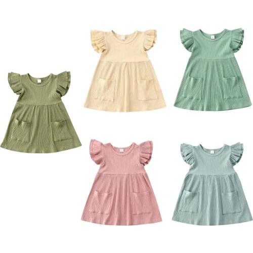 1-4Y Kid Baby Girls Cute Dress Solid Ruffles Sleeve Pocket Knee Length A-Line Dress