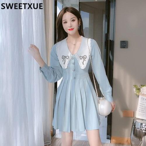 SWEETXUE Women Spring Lapel Long Sleeve Nail Diamond Bow High Waist Pleated Puff Fashion Sweet Cute Mini Dress Ladies Vestidos