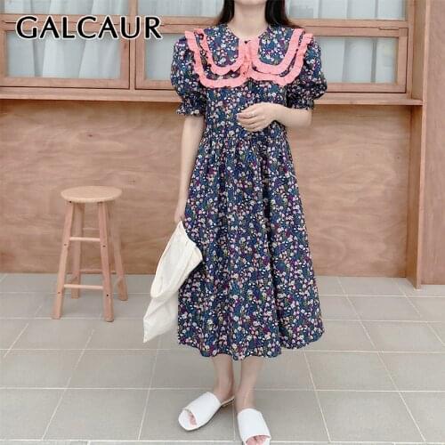 GALCAUR Sweet Ruched Print Dress For Women Lapel Puff Short Sleeve A Line Hit Color Dresses Females Clothing 2021 Summer Fashion