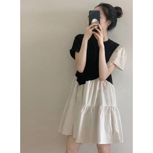 Fried Street Temperament French Style Puff Sleeve Black and White Stitching Hepburn Dress Women vestidos 2021 New Summer Dress