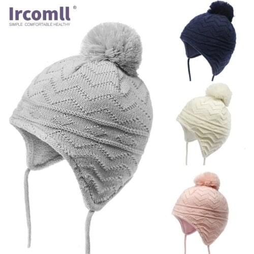 Ircomll Winter Infant Baby Boy Girl Cotton Knitted Ear Protective Cap Warm Thick Baby Hats Childrens Accessories