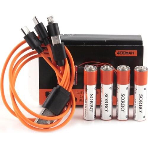 4PCS SORBO 1.5V 400mAh AAA Li-po USB Rechargeable Battery 1 Hour Quick Charging Super Power with Charger Cable