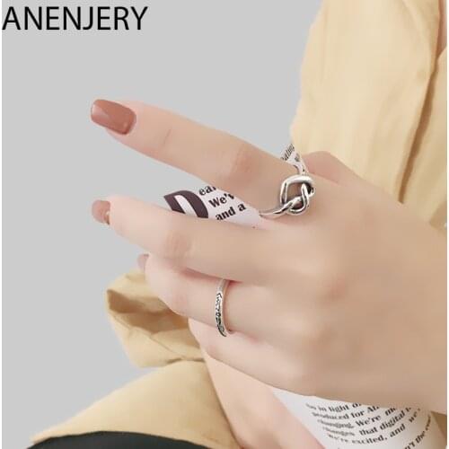 ANENJERY 925 Sterling Silver Personality Retro Knot Love Heart Thai Silver Ring Woven Open Ring For Women Gifts Wholesale S-R632