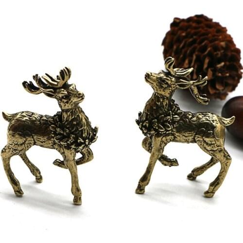 Antique Copper Deer Ornaments 1 Pair Solid Brass Sika Deer Figurines Lucky Feng Shui Crafts Sculpture Home Office Desk Deoration