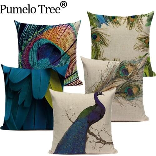 Velvet Blue Peacock Sofa Cushions Home Decor Simple Style Linen Square Sofa Bed Car Print Pillow Cover Customized Cushion Cover