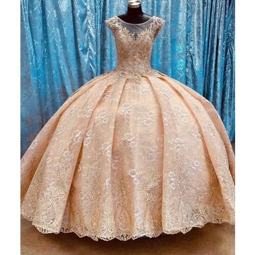 Champagne Luxury Quinceanera Dress 2021 Ball Cap Sleeve Lace Appliques Beads Tiered Floor Length Party Princess Sweet 15 Gown