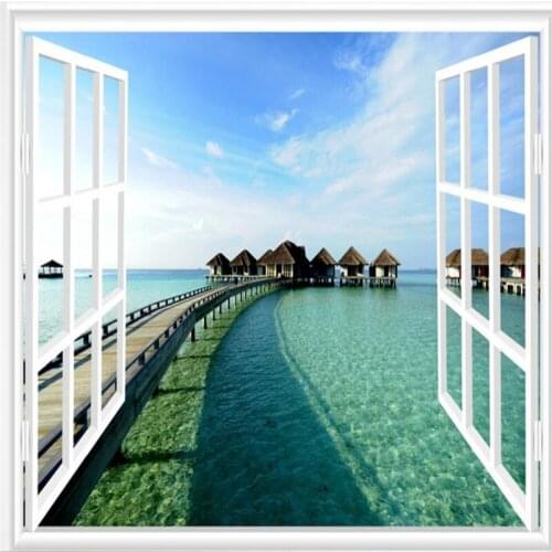 Beibehang Large Custom Wallpaper 3D Window Sea View Mural TV Background Living Room Bedroom Wall Decorative